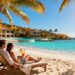 Couple relaxing at tropical beach resort in September