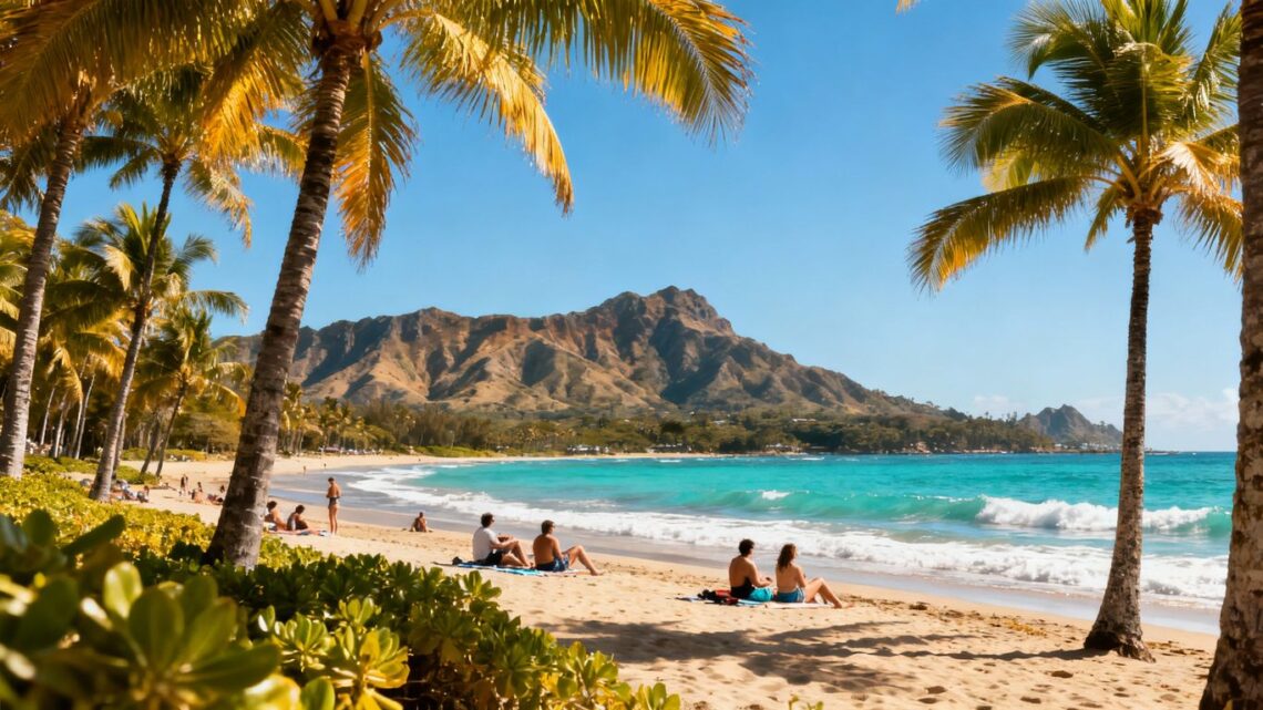 Beautiful September beach with clear sky and few tourists