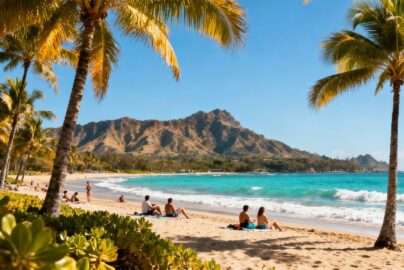 Beautiful September beach with clear sky and few tourists