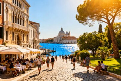 Beautiful European city with historic buildings and water.