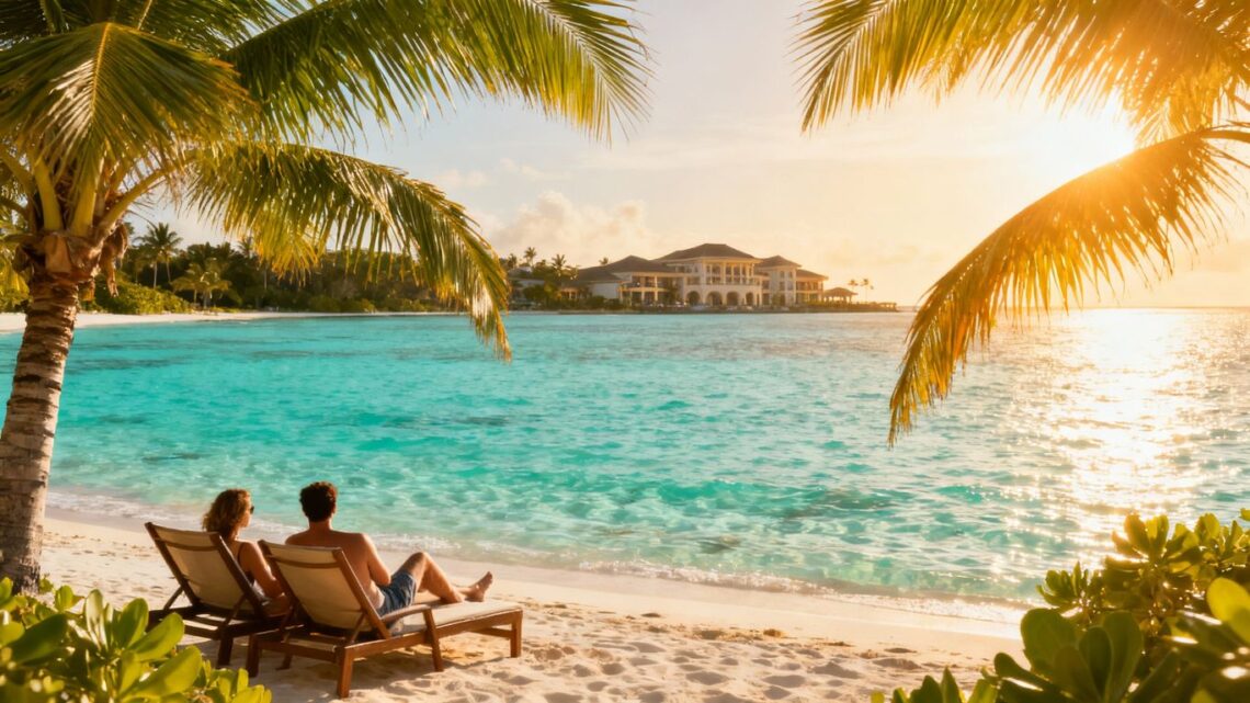 Couple relaxing on a sunny beach with resort.