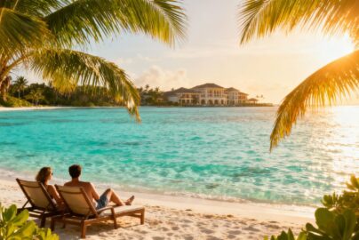 Couple relaxing on a sunny beach with resort.