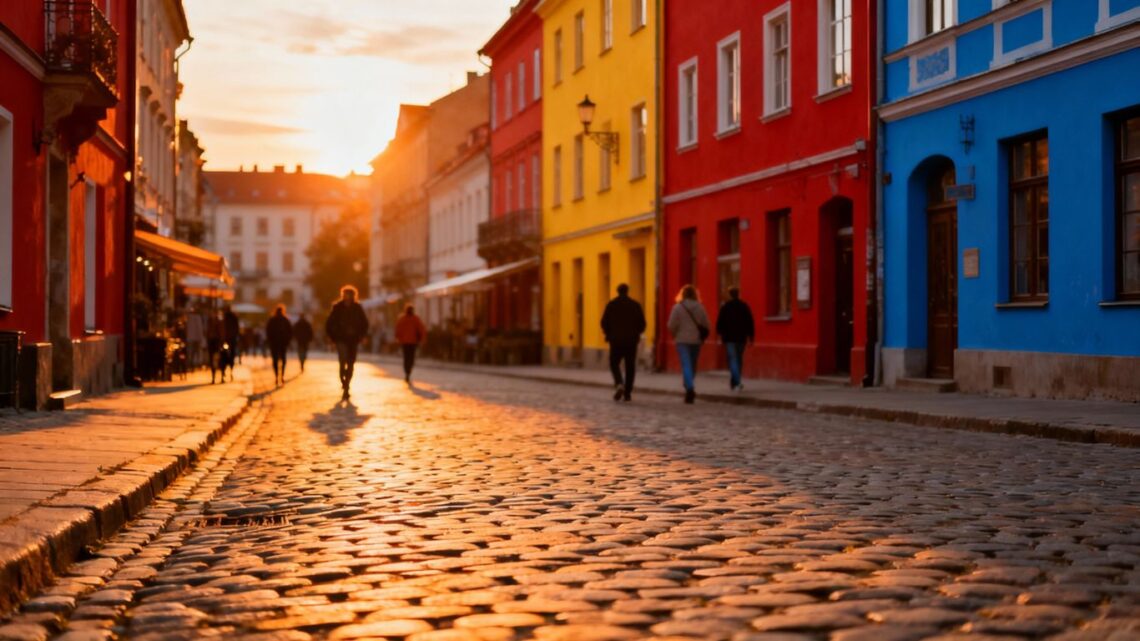 Affordable European city skyline at sunset.