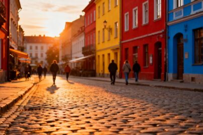 Affordable European city skyline at sunset.