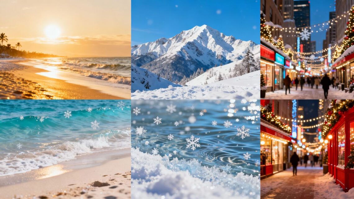 February holiday destinations collage: beaches, mountains, cities.