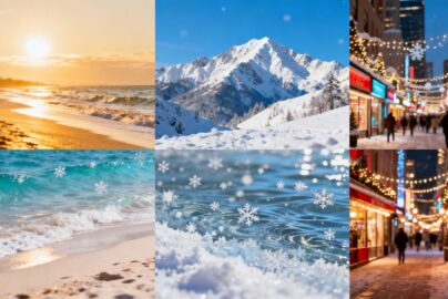 February holiday destinations collage: beaches, mountains, cities.