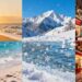February holiday destinations collage: beaches, mountains, cities.