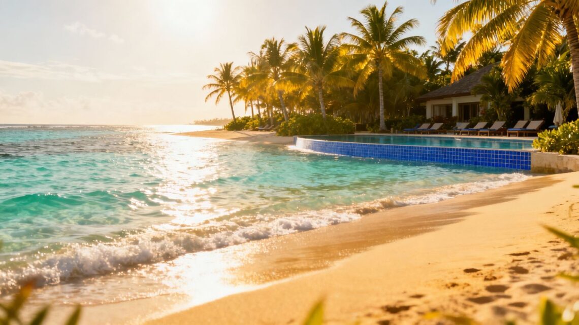 Tropical beach with palm trees and resort pool.