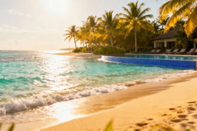 Tropical beach with palm trees and resort pool.