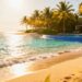 Tropical beach with palm trees and resort pool.
