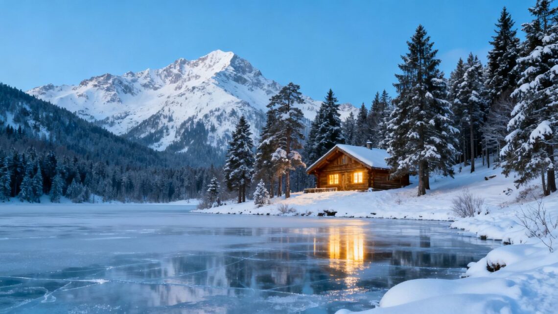 Snowy mountains, cabin, and frozen lake in winter.
