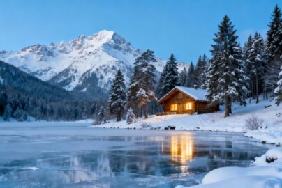 Snowy mountains, cabin, and frozen lake in winter.