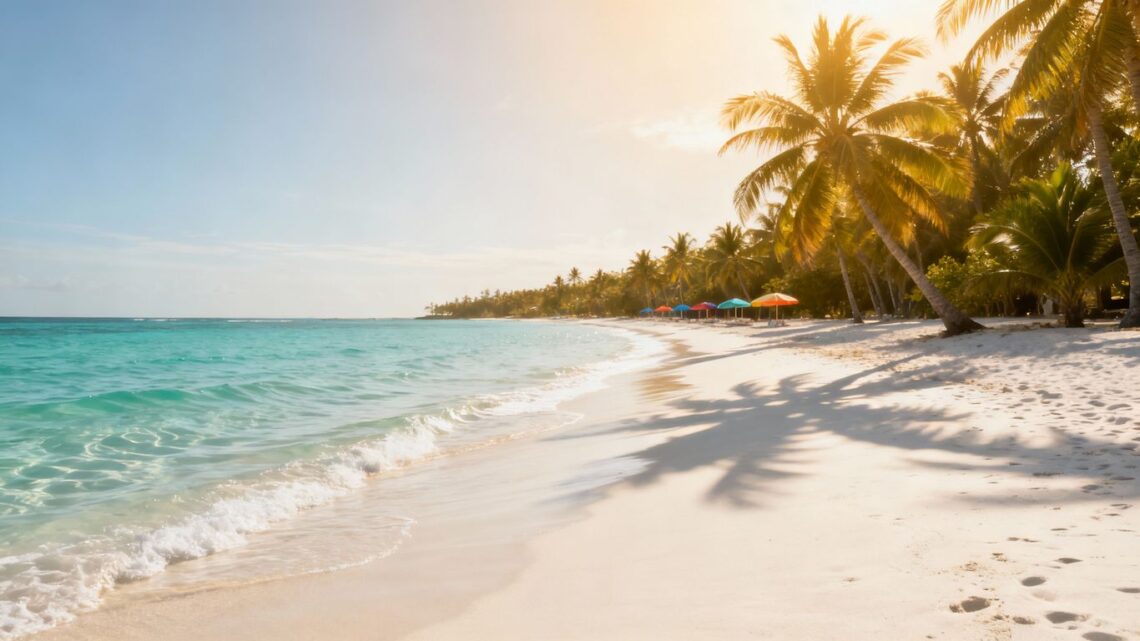 Sunny beach with palm trees and clear blue water.