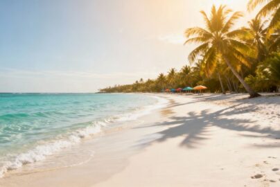 Sunny beach with palm trees and clear blue water.