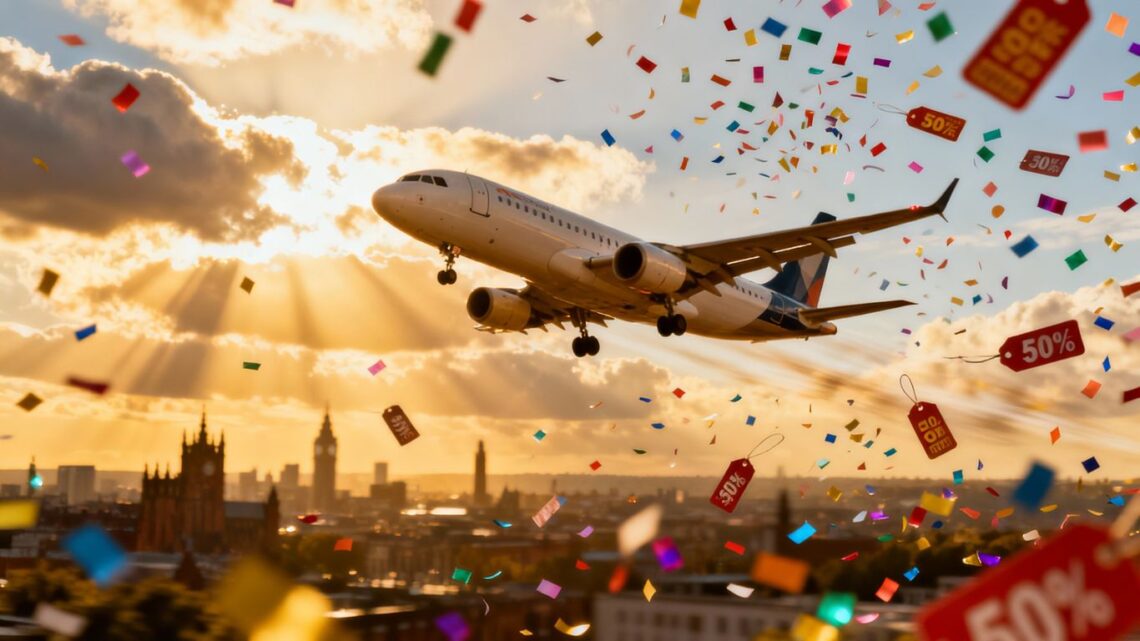 Airplane flying through confetti with Manchester skyline.