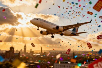 Airplane flying through confetti with Manchester skyline.