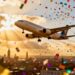 Airplane flying through confetti with Manchester skyline.