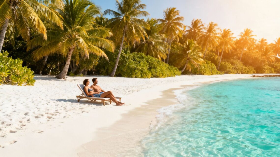 Couple relaxing on a sunny beach, last minute holiday.