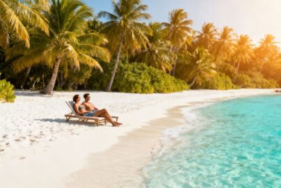 Couple relaxing on a sunny beach, last minute holiday.