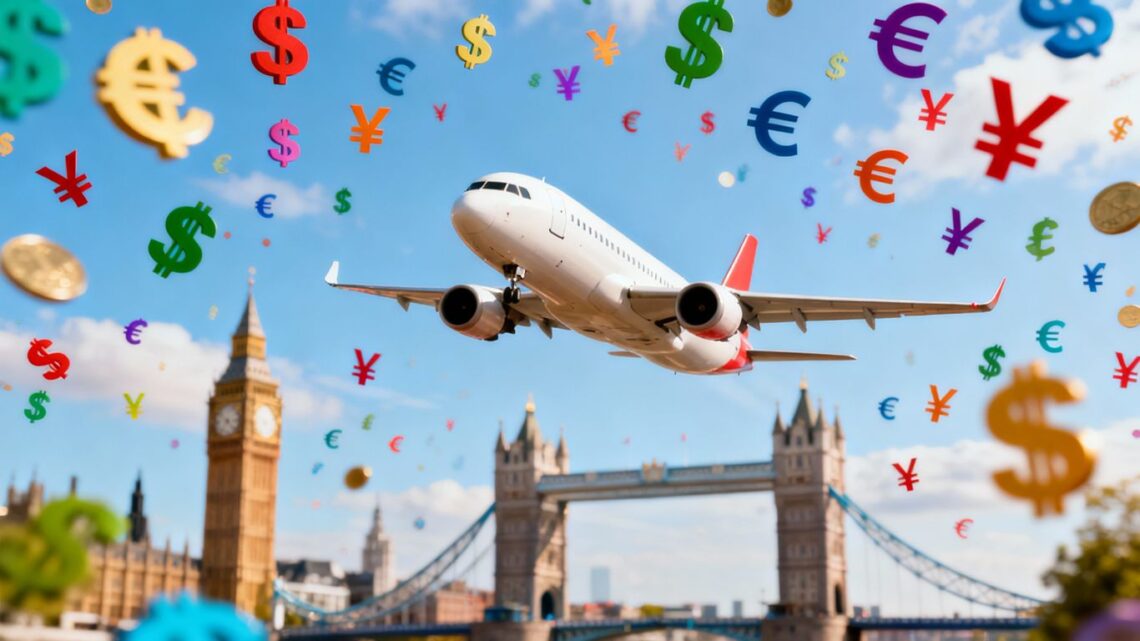 Airplane flying over London with money symbols.