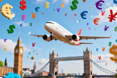 Airplane flying over London with money symbols.
