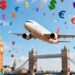 Airplane flying over London with money symbols.