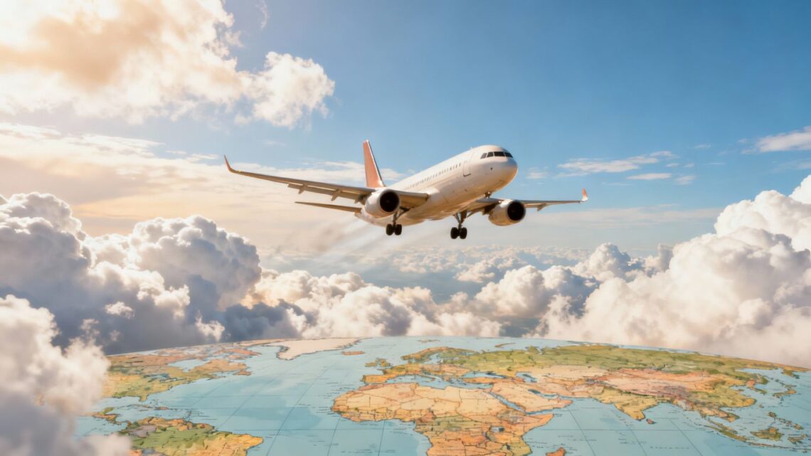 Skyscanner cheap flights UK airplane soaring through clouds.