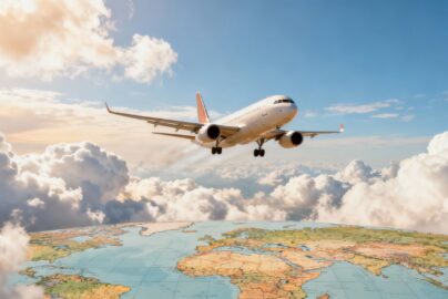 Skyscanner cheap flights UK airplane soaring through clouds.