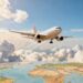 Skyscanner cheap flights UK airplane soaring through clouds.