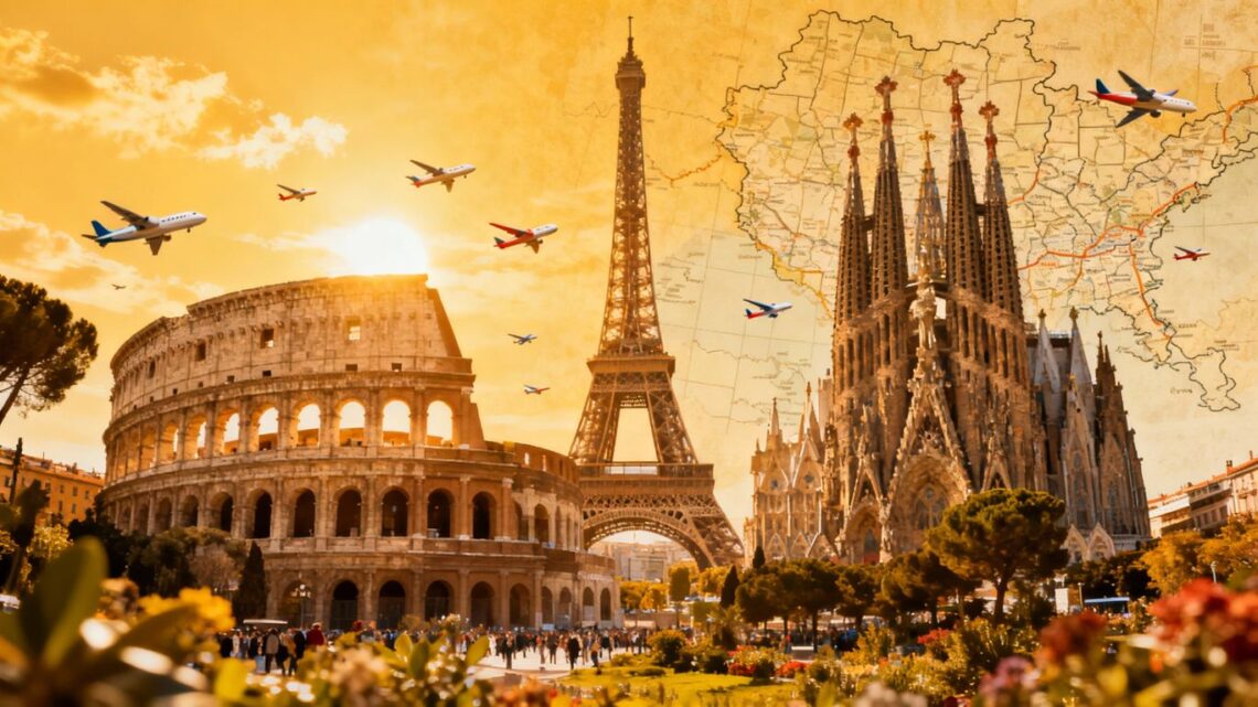 European landmarks and airplanes suggesting cheap travel from UK.