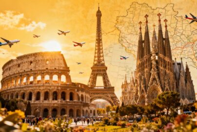 European landmarks and airplanes suggesting cheap travel from UK.