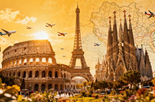 European landmarks and airplanes suggesting cheap travel from UK.