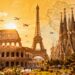 European landmarks and airplanes suggesting cheap travel from UK.