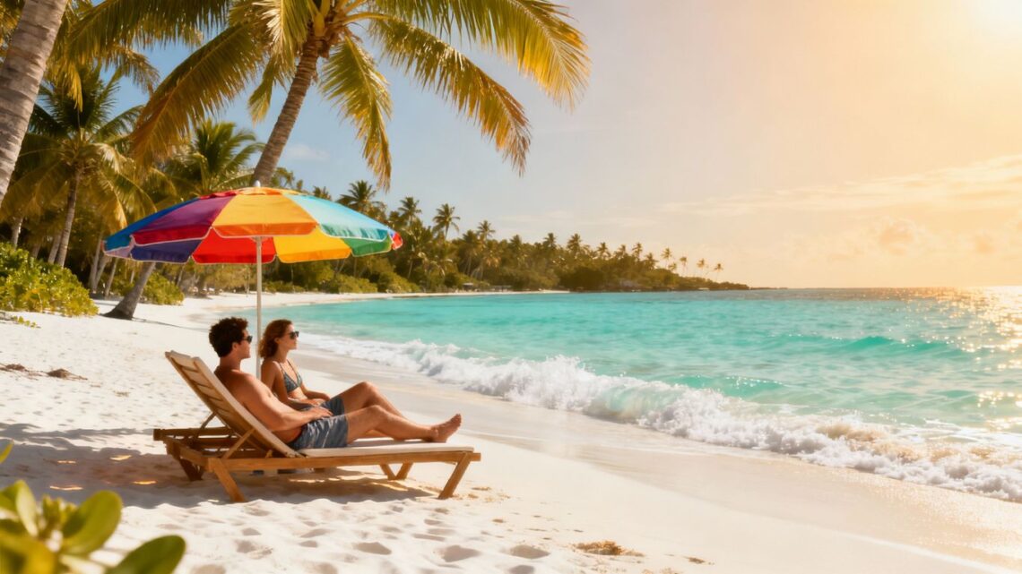 Couple relaxing on a sunny beach with palm trees.