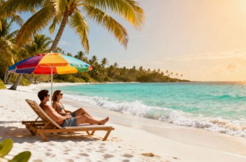 Couple relaxing on a sunny beach with palm trees.