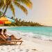 Couple relaxing on a sunny beach with palm trees.