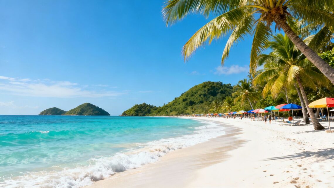 Sunny beach with palm trees and clear blue water.