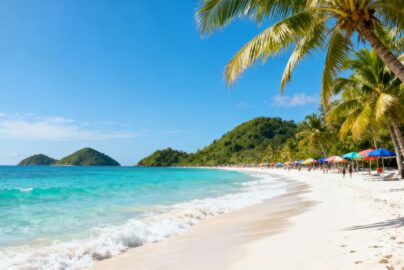 Sunny beach with palm trees and clear blue water.