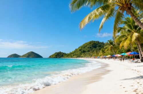 Sunny beach with palm trees and clear blue water.