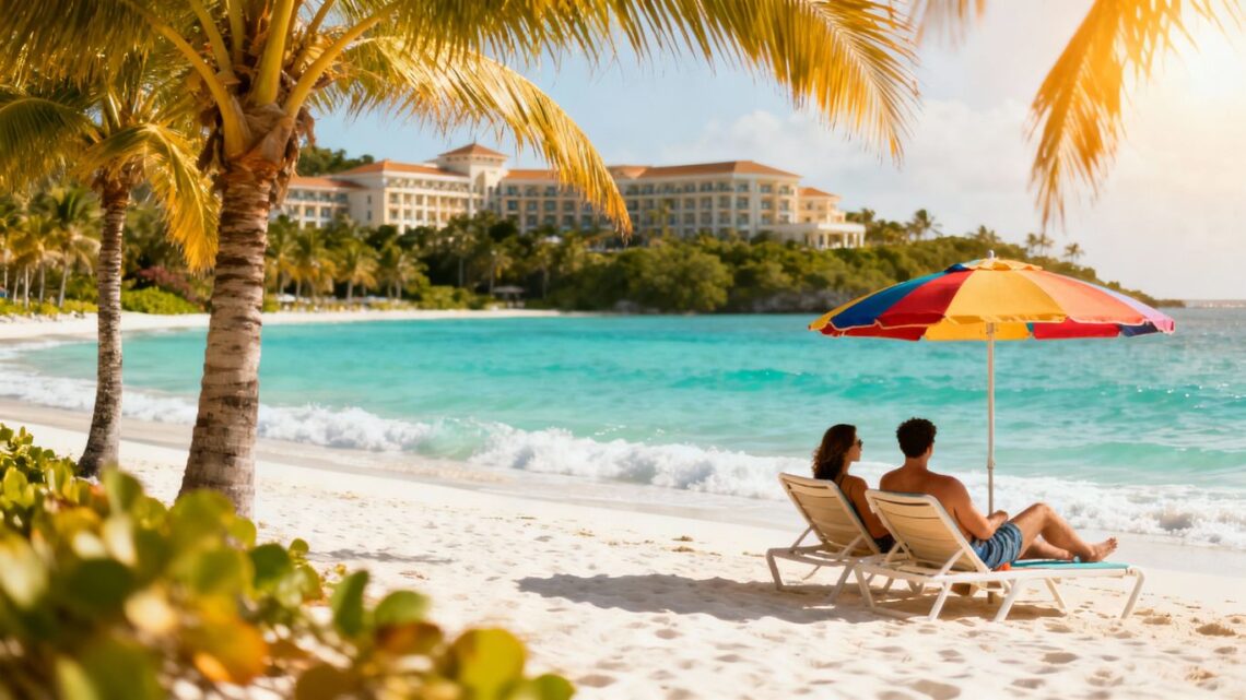 Couple relaxing on a tropical beach with all-inclusive resort.