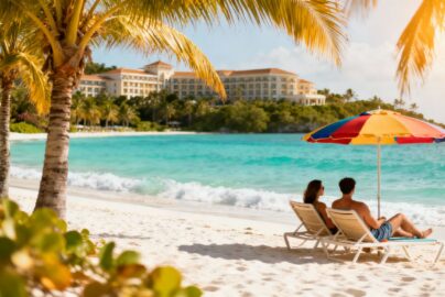 Couple relaxing on a tropical beach with all-inclusive resort.