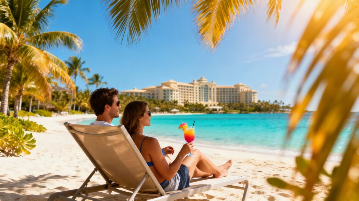 Couple enjoying cocktails on a sunny beach vacation.