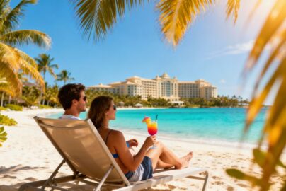 Couple enjoying cocktails on a sunny beach vacation.