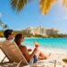 Couple enjoying cocktails on a sunny beach vacation.
