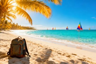 Beach with backpack and sailboats for summer travel.