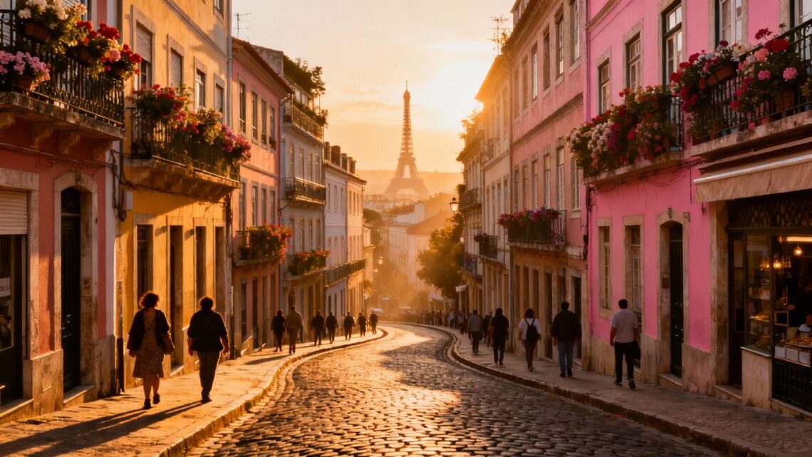 Charming European city street at sunset with colorful buildings.
