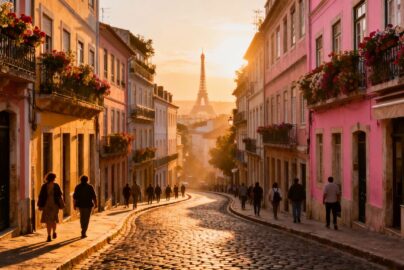 Charming European city street at sunset with colorful buildings.