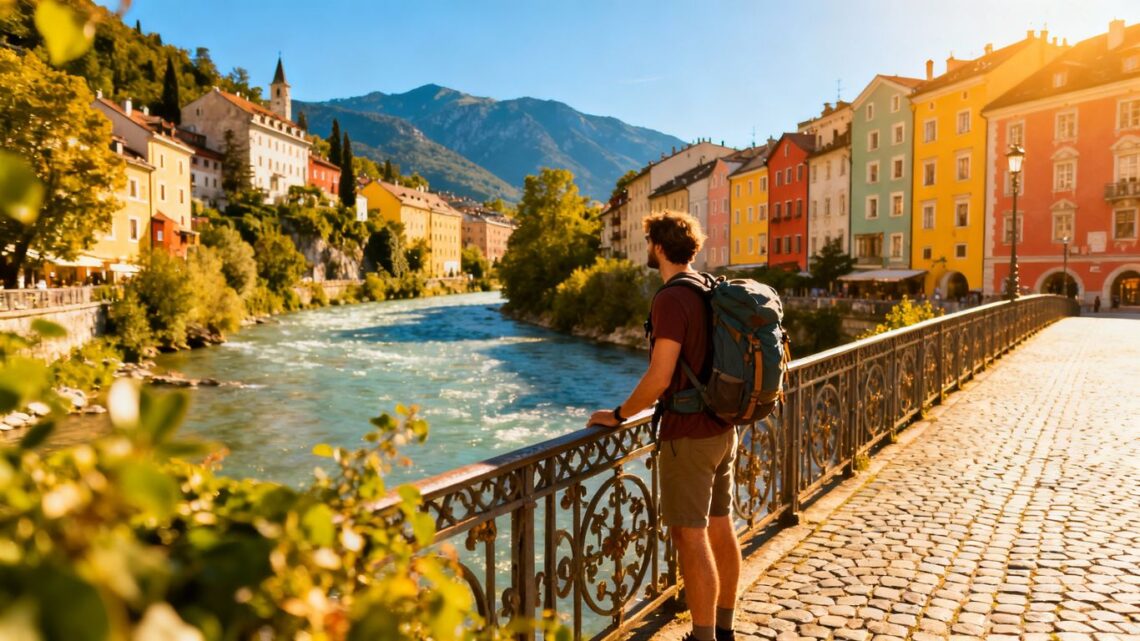 Budget European travel scene with cityscape and mountains.