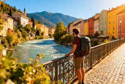 Budget European travel scene with cityscape and mountains.