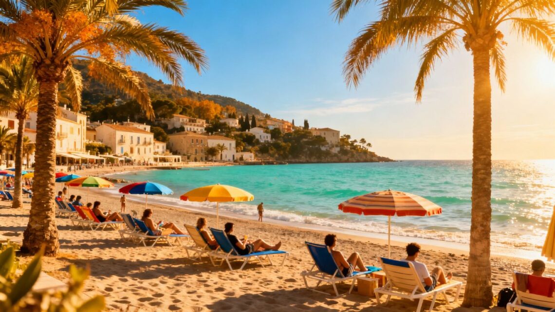 Sunny European beach with turquoise water in October